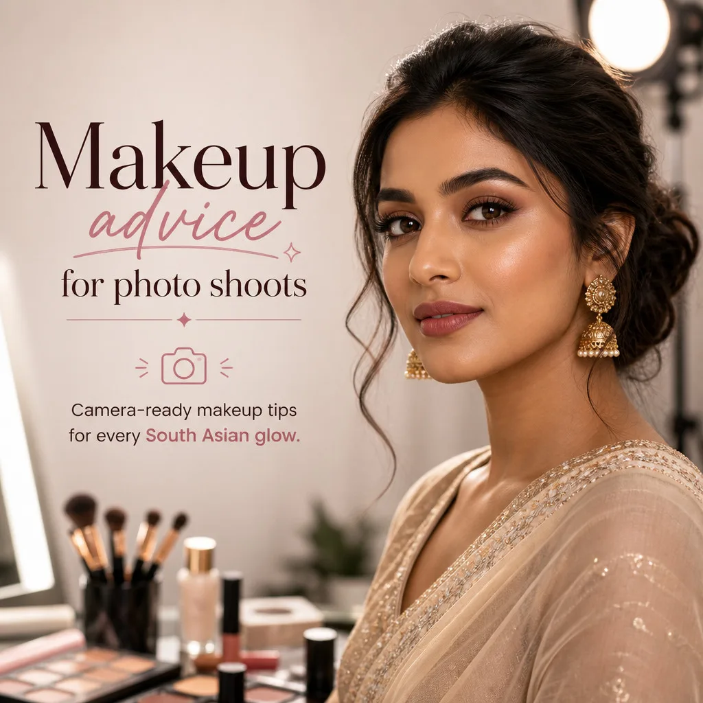 South Asian bride with camera-ready makeup and gold jhumka earrings in a beauty studio.