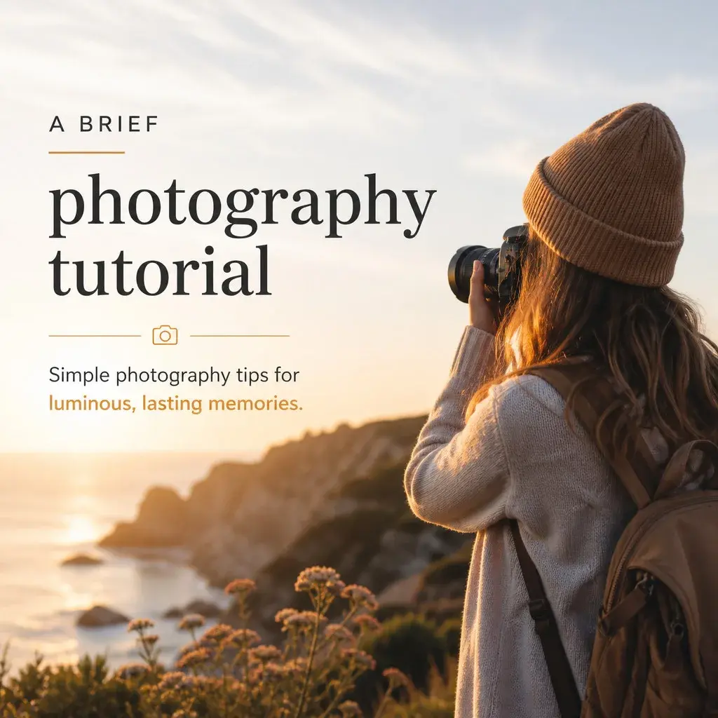 Traveler photographing a coastal sunset from a cliff for a photography tutorial.