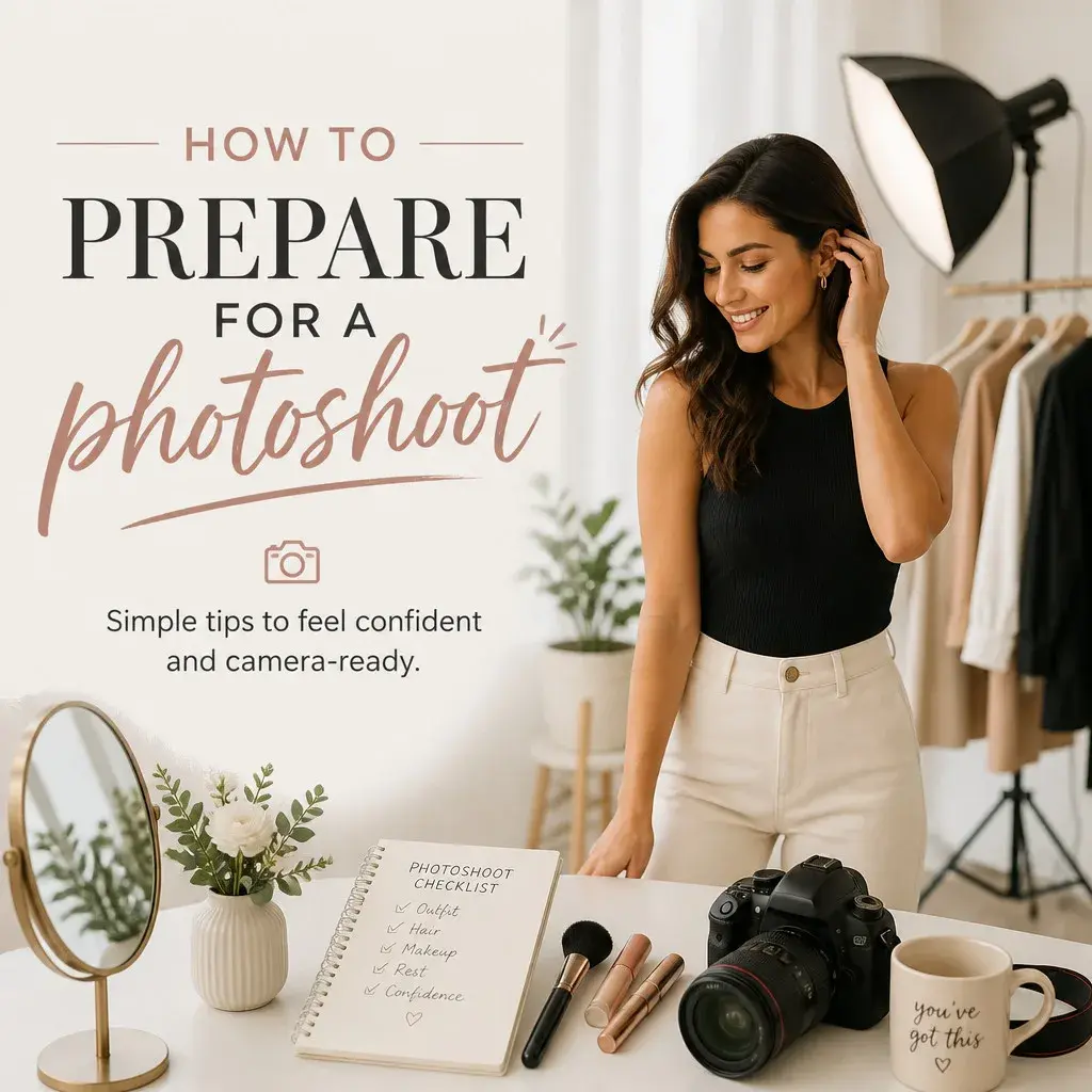 Woman preparing for a confident studio photoshoot with camera, makeup, checklist, and wardrobe rack.