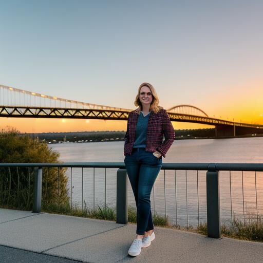 Woman in glasses on a riverside walkway with steel bridge at sunset.